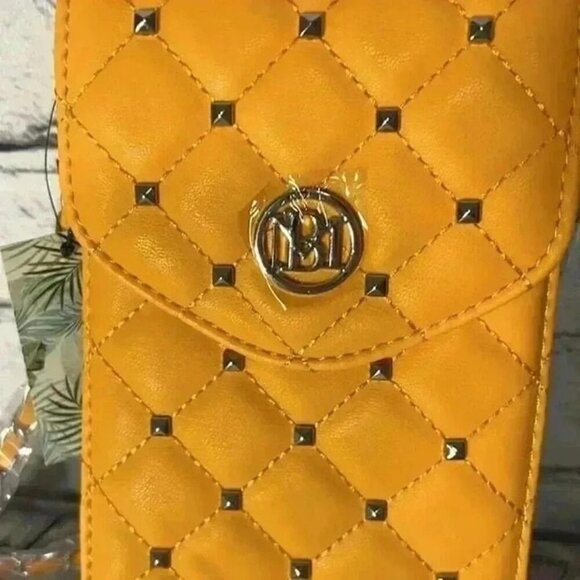 Badgley Mischka Crossbody Purse Phone Case Diamond Quilted Yellow Studded - Picture 2 of 7